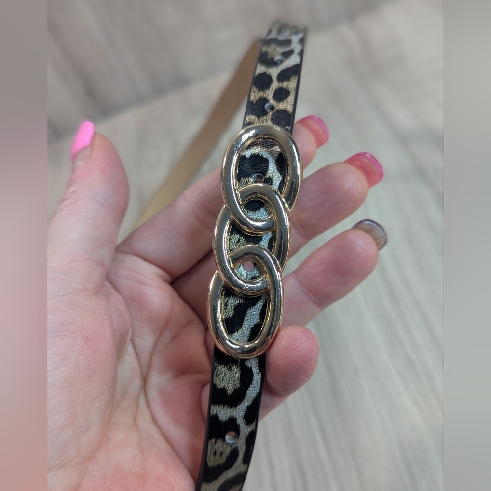 Women's Skinny Belt Metallic Leopard Print Chunky Gold Hardware VTG 90s - Picture 3 of 7